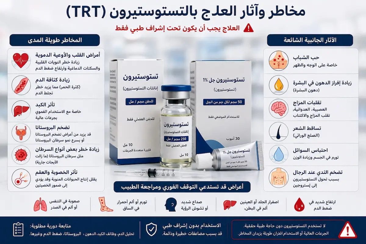 إنفوجرافيك طبي يلخص أبرز المخاطر والأعراض الجانبية للعلاج بالتستوستيرون (TRT) مثل تأثيره على الخصوبة ولزوجة الدم والبروستاتا.