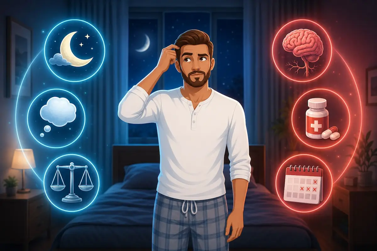 رسم توضيحي يصور الشاب في حالة تفكير حول ظاهرة القذف التلقائي، لمناقشة مسبباتها الطبيعية والطبية عند الرجال.
