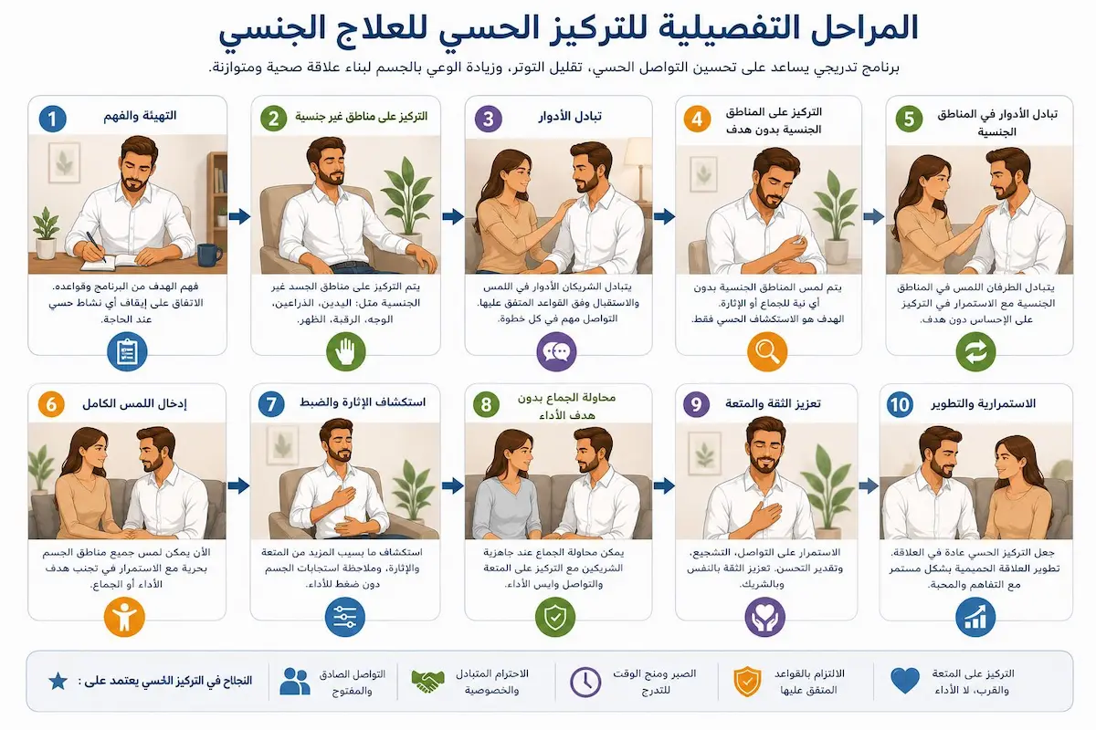 إنفوجرافيك تعليمي يستعرض مراحل تمارين التركيز الحسي للرجل مع شريكته للتغلب على قلق الأداء وتحسين الاستجابة والانتصاب.