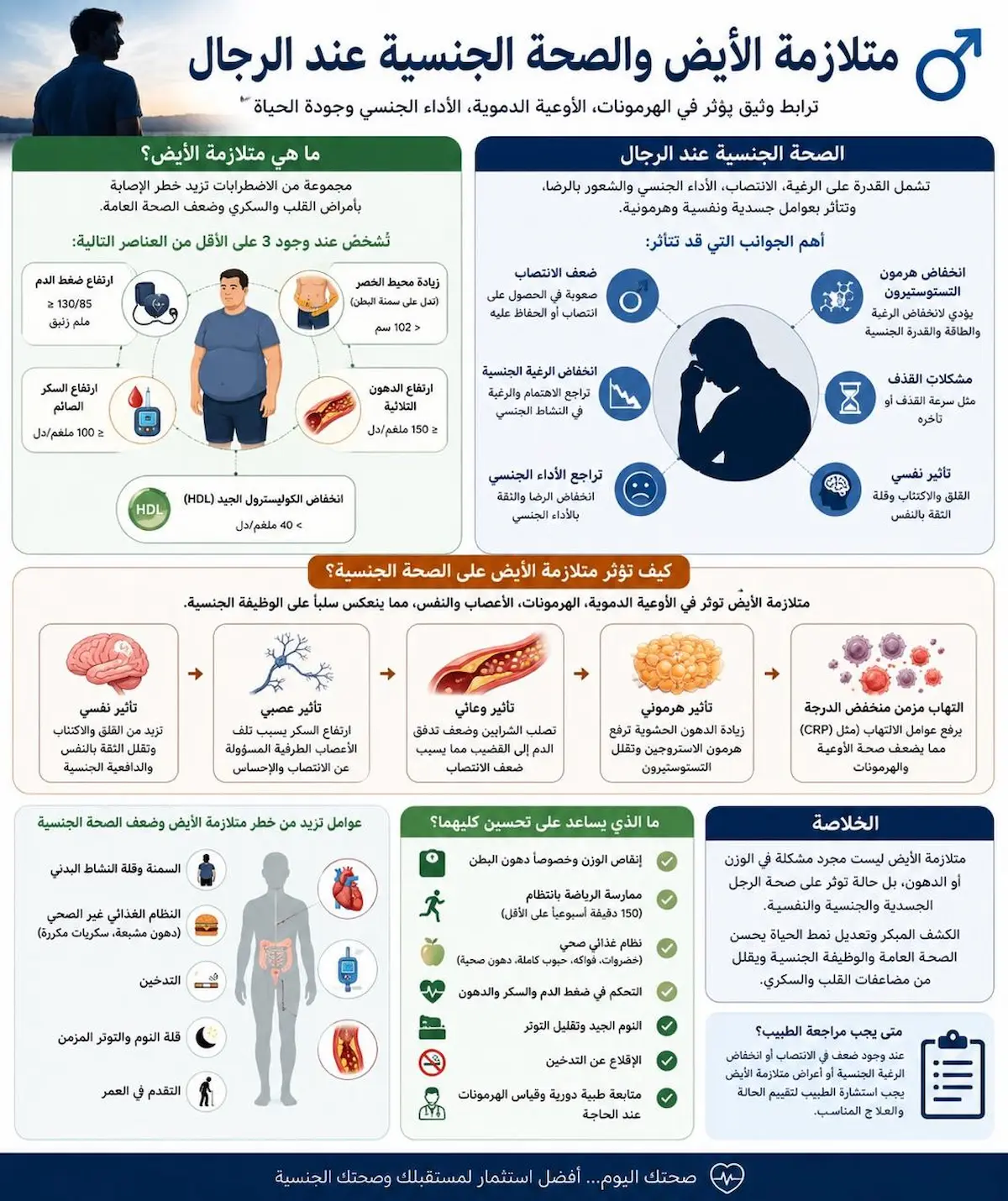ملخص بصري شامل لمتلازمة الأيض عند الرجال، يستعرض المعايير الحيوية والطبية اللازمة لتشخيص هذه الحالة.