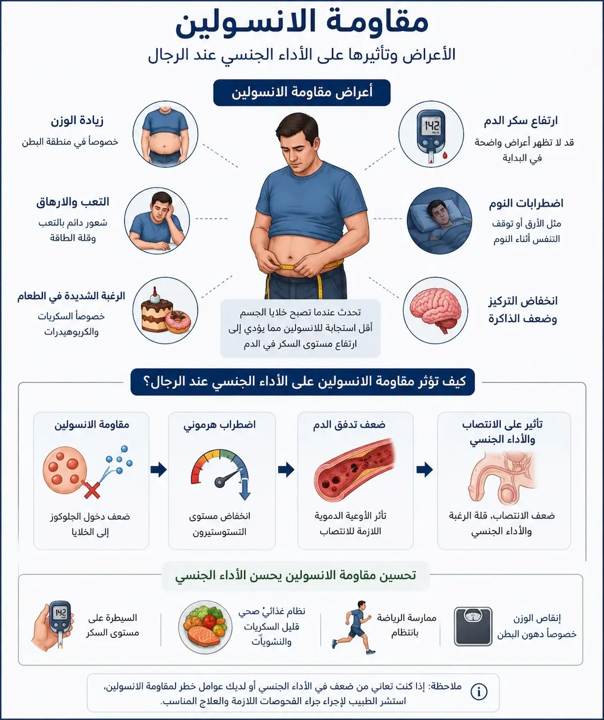 أعراض مقاومة الإنسولين الجنسية - أطلس الرجل الصحي. إنفوجرافيك طبي يلخص أعراض متلازمة مقاومة الإنسولين وتأثيرها المباشر على الأداء الجنسي، الرغبة، والحيوية للرجل.