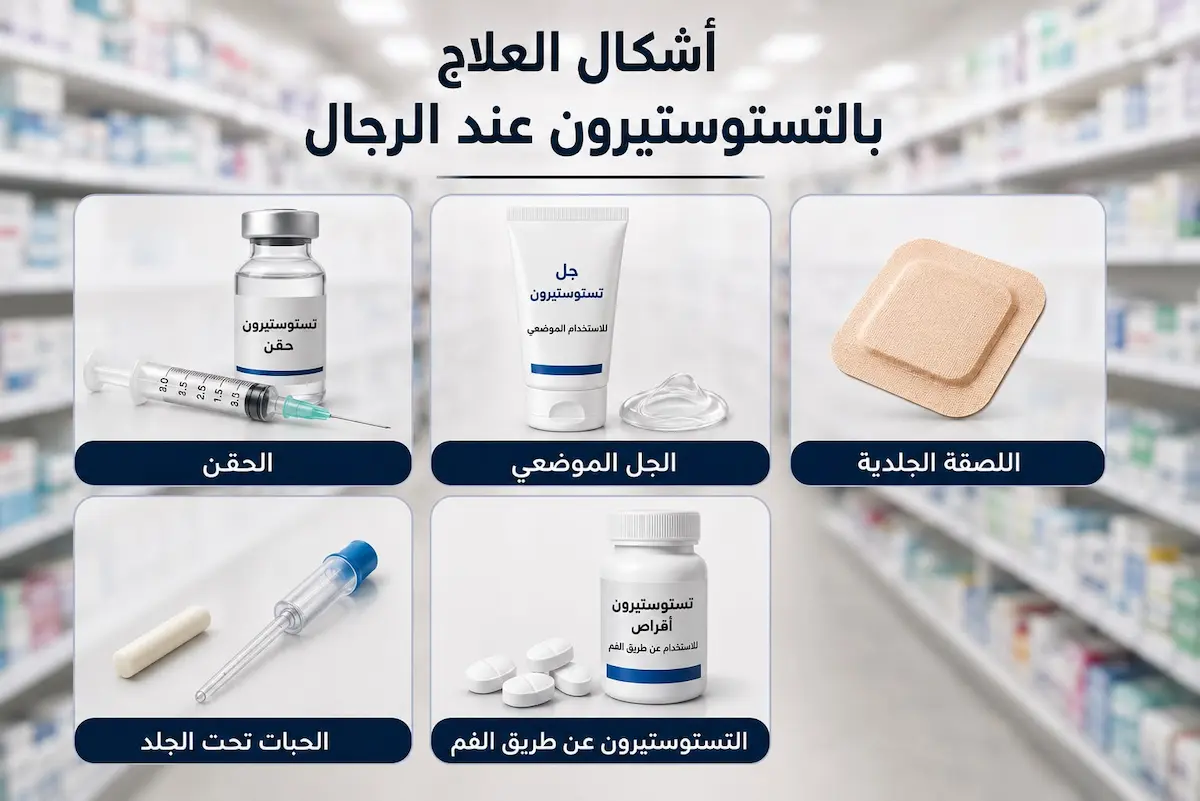 رسم توضيحي يستعرض الخيارات العلاجية المختلفة لتعويض التستوستيرون تشمل الحقن والجل واللصقات الجلدية لمقارنة الأشكال الأنسب للرجال.