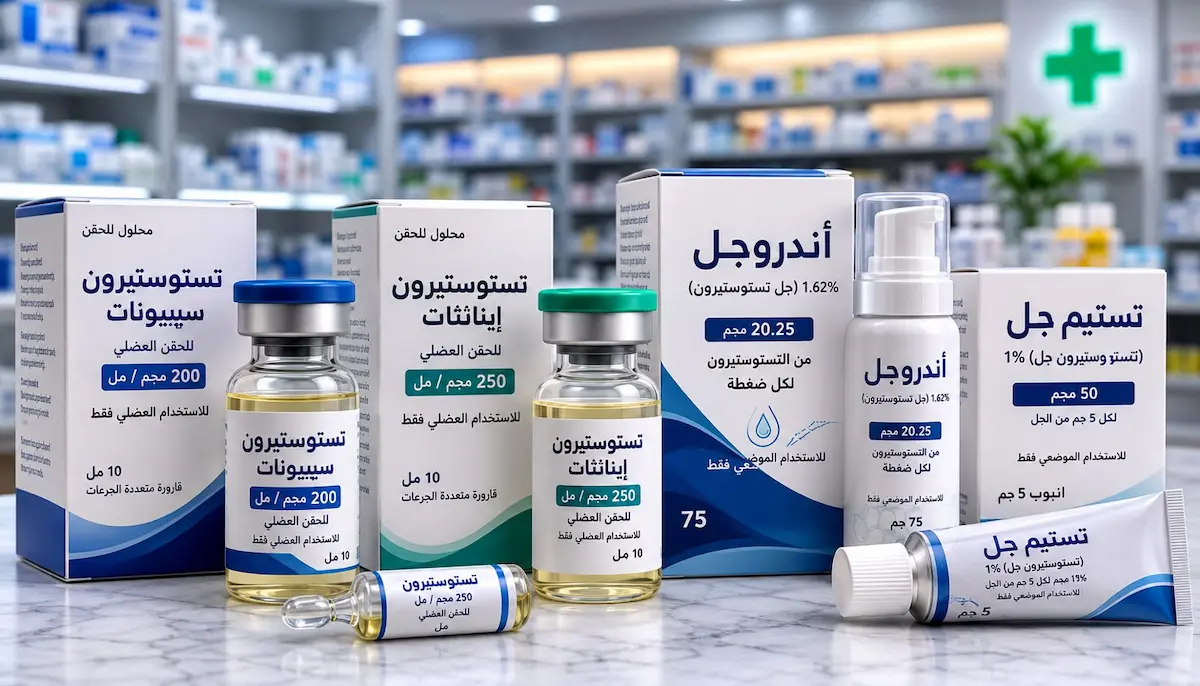 رسم توضيحي يستعرض الأشكال المختلفة لجرعات العلاج البديل بالتستوستيرون (TRT) مثل الحقن والجيل لمناقشة الفوائد والمخاطر ومتى يكون مناسباً للرجال.