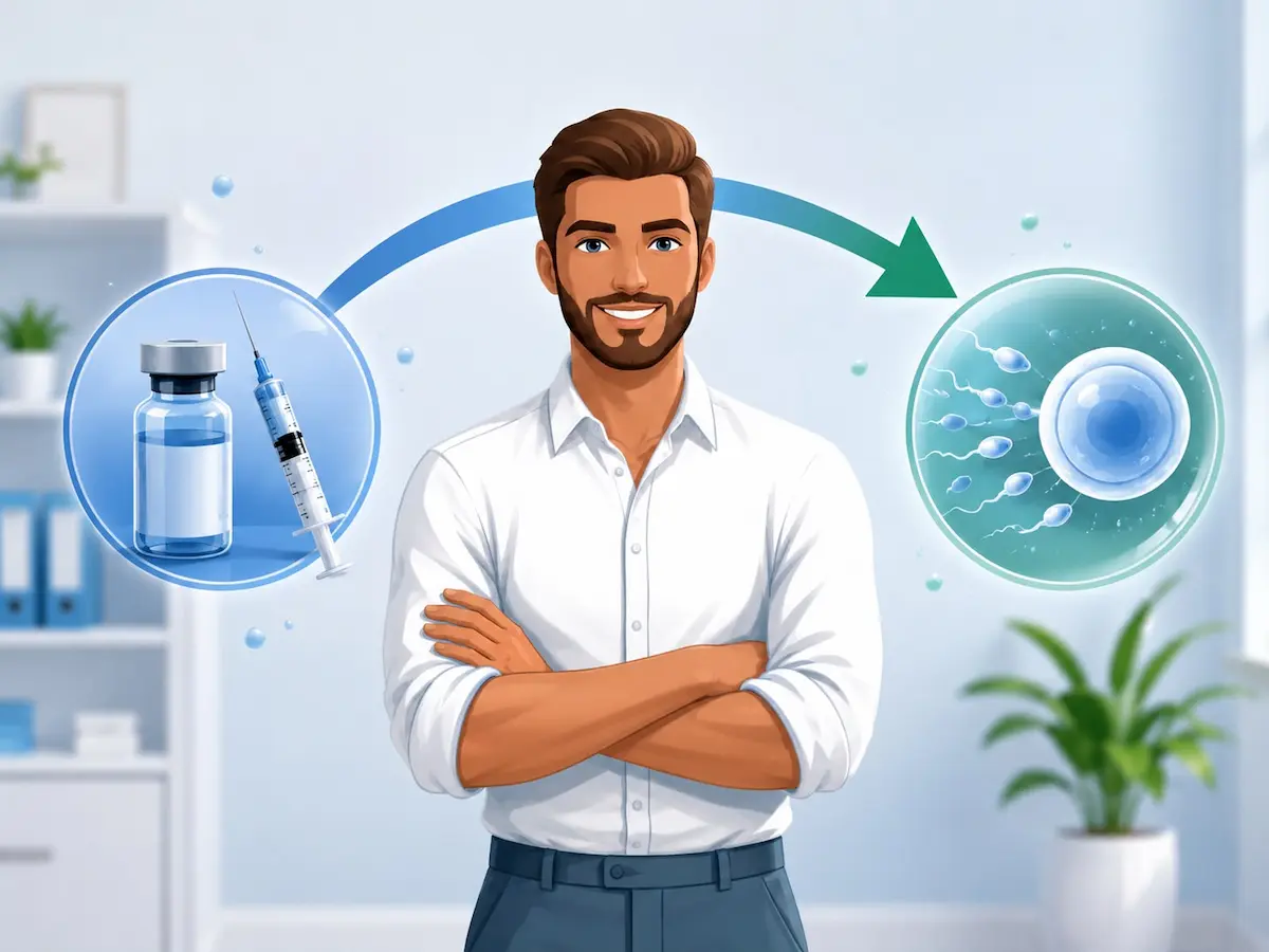 رسم توضيحي يجمع بين الشاب ورموز للحيوانات المنوية وعلاج التستوستيرون (TRT) لمناقشة مدى تأثير هذا العلاج على الإنجاب وخصوبة الرجال.