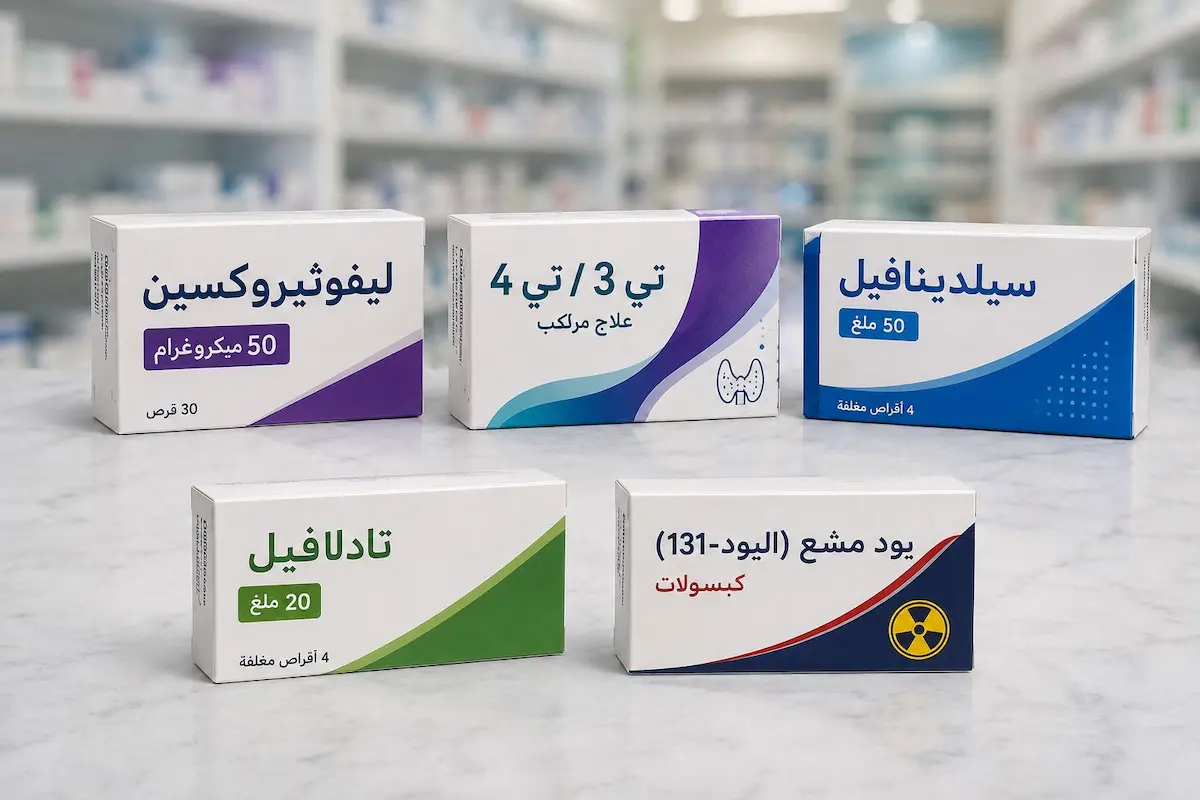 رسم توضيحي طبي يظهر علب دواء الليفوثيروكسين ل الغدة الدرقية بجانب مثبطات PDE5 لمناقشة تأثيرها على الصحة الجنسية للرجال.