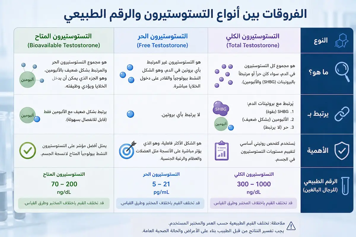 الفرق بين التستوستيرون الكلي والحر - أطلس الرجل الصحي. جدول إنفوجرافيك طبي يقارن بين التستوستيرون الكلي والحر والمتاح بيولوجياً ويظهر القراءات والمعدلات الطبيعية لكل منها عند الرجال.