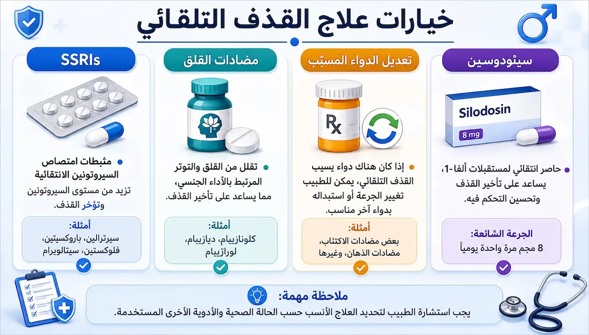 إنفوجرافيك طبي يلخص الخيارات الدوائية للقذف التلقائي، 