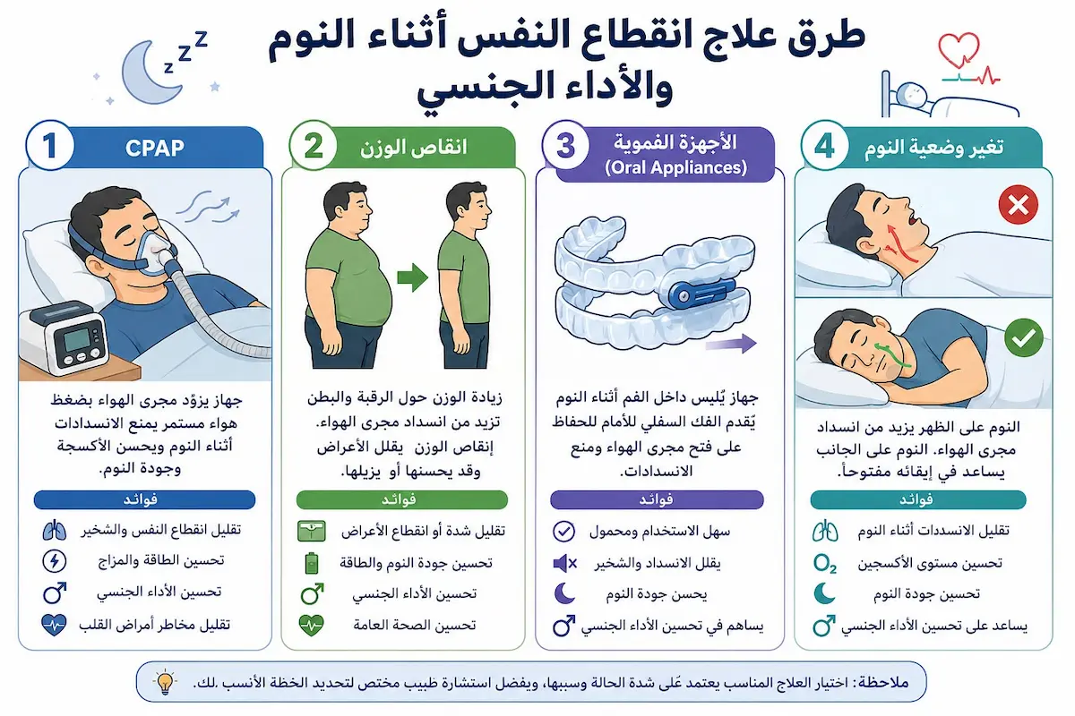 إنفوجرافيك تعليمي يلخص طرق علاج انقطاع النفس أثناء النوم، من استخدام جهاز CPAP إلى تغييرات نمط الحياة لتحسين الصحة الجنسية.