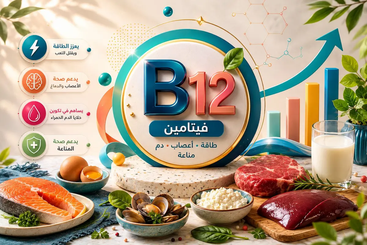 رسم توضيحي طبي يظهر رمز فيتامين B12 محاطاً بالأطعمة والأنظمة الغذائية الغنية به لمناقشة تأثير نقصه على الرغبة والانتصاب للرجال.