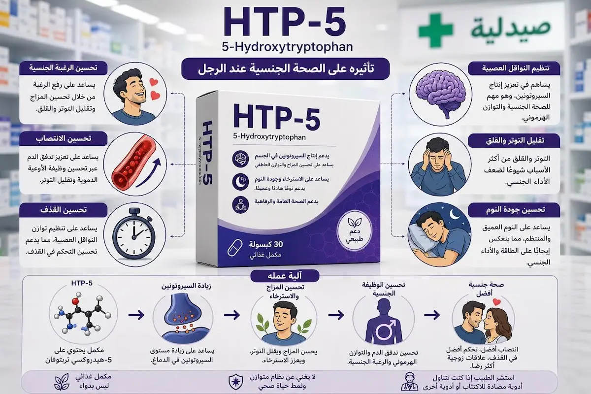 إنفوجرافيك طبي بصري يوضح الشرح والتأثير المحتمل لمكمل 5-HTP والسيروتونين على سرعة القذف وجودة الانتصاب وفق الأدلة المتاحة.