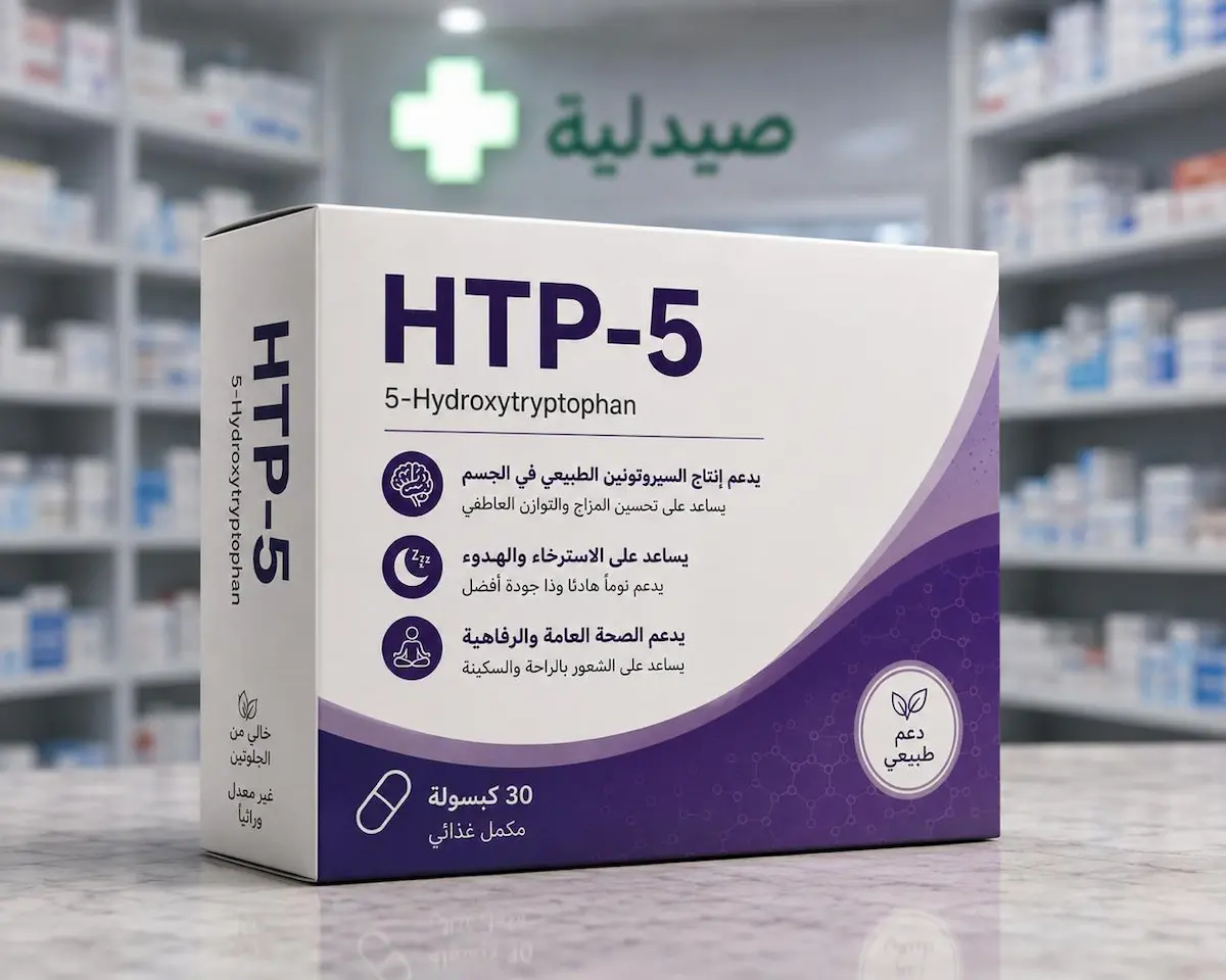 لقطة فوتوغرافية لعلبة مكمل 5-HTP لمناقشة دوره وتأثيره المحتمل على سرعة القذف والانتصاب عند الرجال.