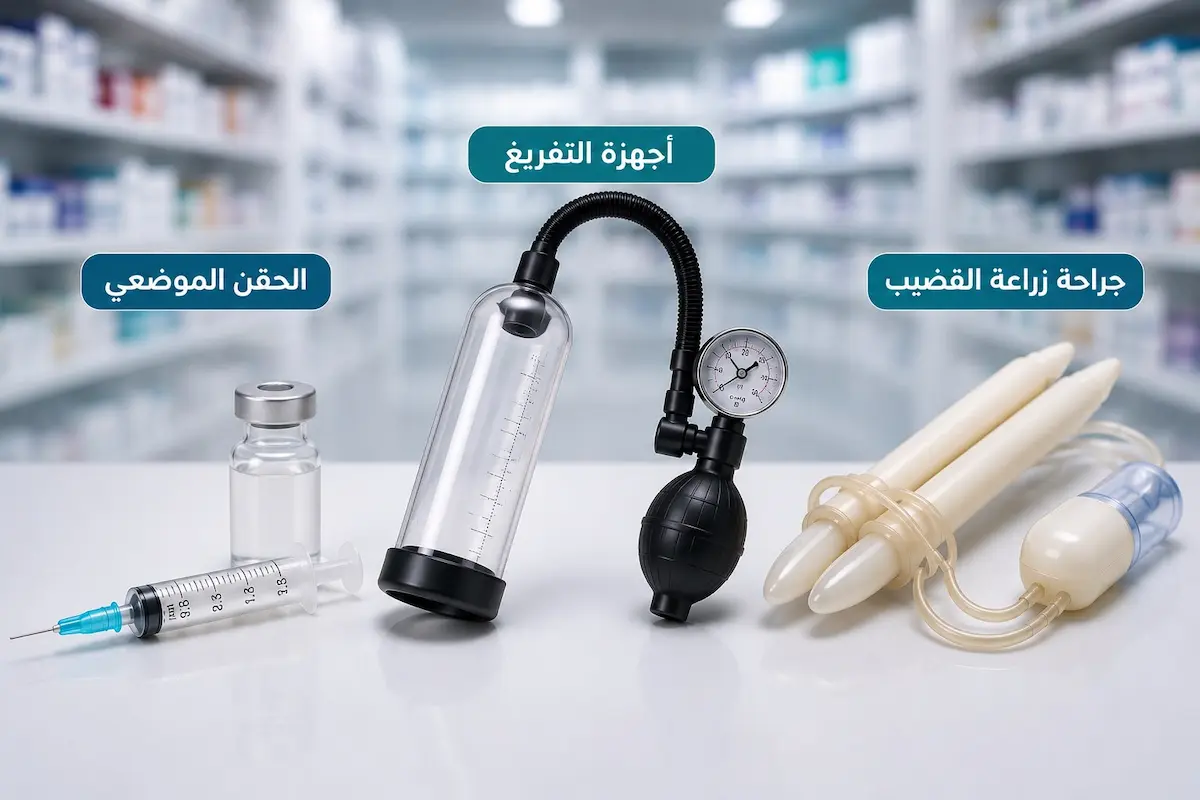 رسم توضيحي طبي يجمع أجهزة التفريغ والحقن الموضعي ودعامات القضيب لمناقشة العلاجات المتقدمة لضعف الانتصاب عند الرجال.