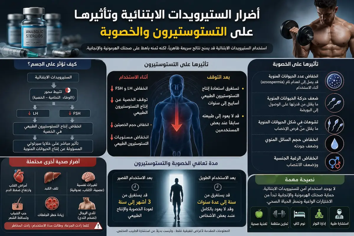 إنفوجرافيك طبي بصري يوضح الشرح والتأثير المدمر للستيرويدات الابتنائية على الهرمونات والخصوبة وأعضاء الجسم الحيوية.