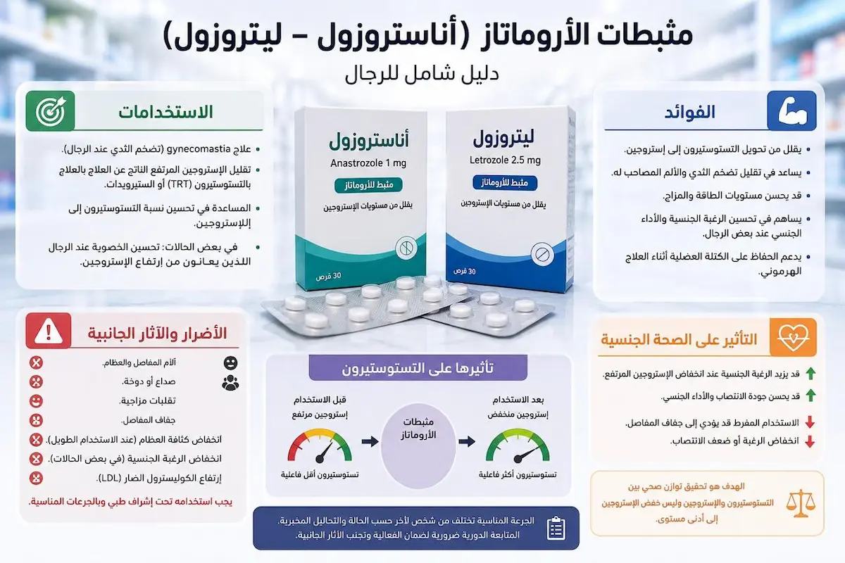 إنفوجرافيك طبي يوضح تأثير مثبطات الأروماتاز على رفع التستوستيرون والوقاية من التثدي وأضرار خفض الإستروجين المفرط.