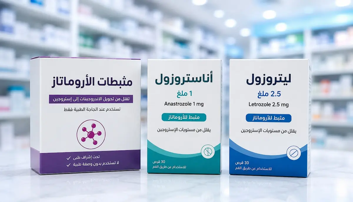 لقطة فوتوغرافية لعلبة دواء مثبطات الأروماتاز وأقراص أناستروزول للرجال لمناقشة فوائدها وأضرارها وتأثيرها على التستوستيرون والإستروجين.
