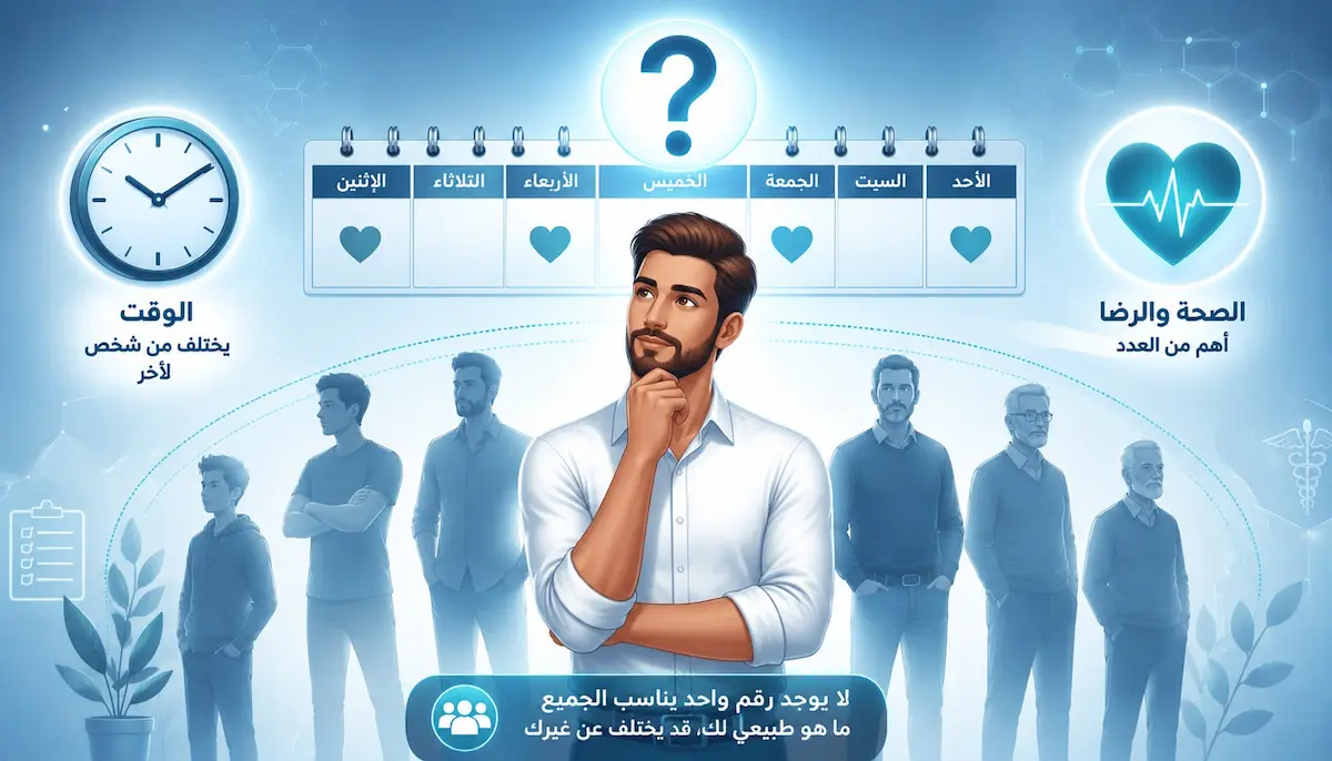 معدل الجماع حسب العمر للرجال - أطلس الرجل الصحي. إنفوجرافيك طبي يوضح متوسط عدد مرات الجماع الطبيعية للرجال حسب المرحلة العمرية من العشرينيات إلى ما بعد الخمسين.