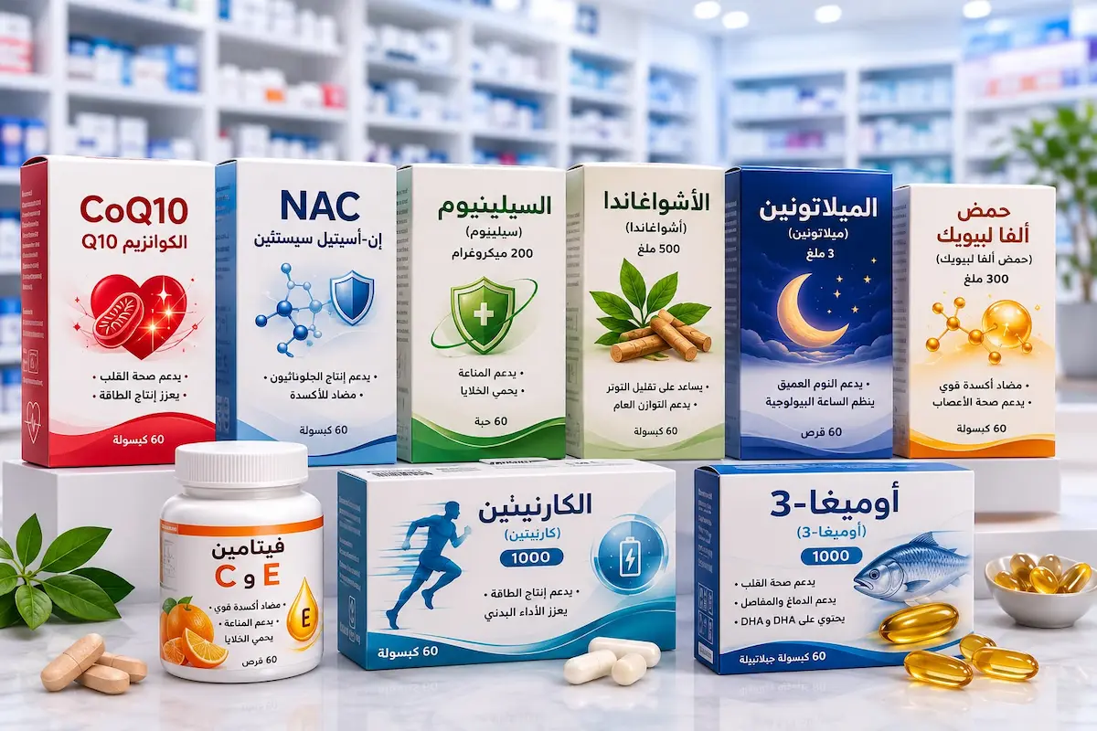 لقطة فوتوغرافية تظهر علب مكملات غذائية ومضادات أكسدة على شكل علب دواء لتقليل الإجهاد التأكسدي وتحسين التستوستيرون والانتصاب للرجال.