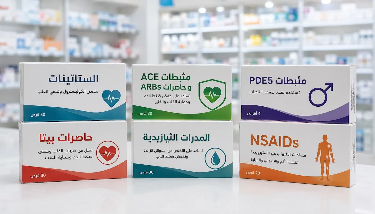 لقطة فوتوغرافية تظهر علب أدوية علاجية تؤثر على مرونة بطانة الأوعية الدموية بالايجاب والسلب وتأثيراتها على الانتصاب للرجال.