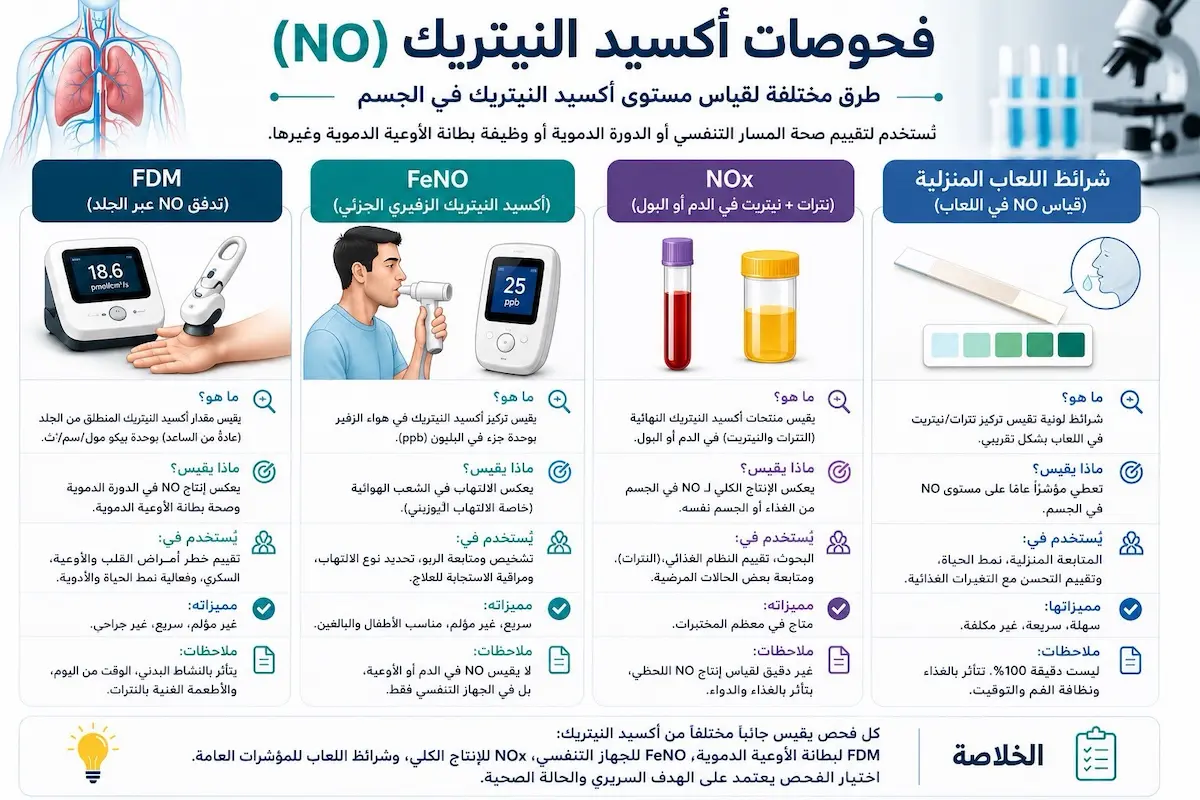 إنفوجرافيك طبي يوضح أفضل طرق قياس أكسيد النيتريك وتقييم بطانة الأوعية الدموية باستخدام تقنية FMD والتحاليل المخبرية للرجال.