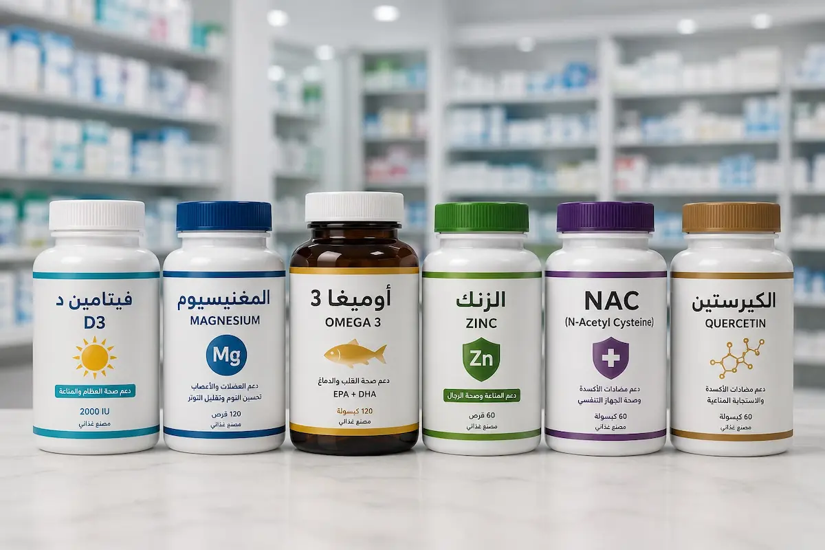 لقطة فوتوغرافية تظهر علب مكملات غذائية لدعم الصحة الجنسية والكفاءة الوعائية والتنفسية لدى الرجال المصابين بالربو كالمغنيسيوم وأوميغا 3.