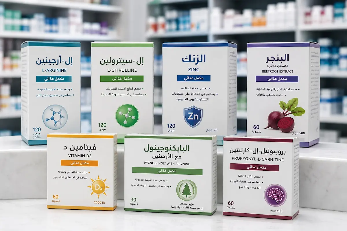 لقطة فوتوغرافية لعبوات مكملات غذائية شائعة لمناقشة أفضل المكملات لضعف الانتصاب عند الرجال وماذا تقول الأدلة العلمية.