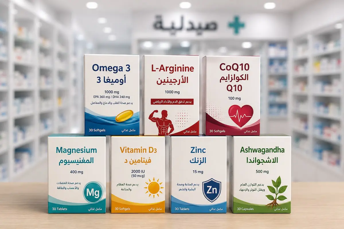 لقطة فوتوغرافية تظهر علب مكملات غذائية لدعم الصحة الجنسية والكفاءة الوعائية لدى الرجال المصابين بأمراض القلب وضغط الدم.