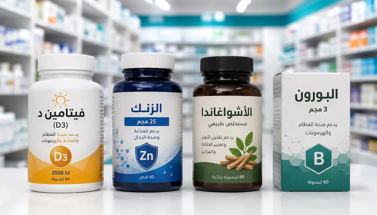 لقطة فوتوغرافية تجمع أبرز المكملات الغذائية مثل الزنك وفيتامين د والأشواغاندا المستخدمة لرفع هرمون التستوستيرون ودعم الغدد التناسلية.
