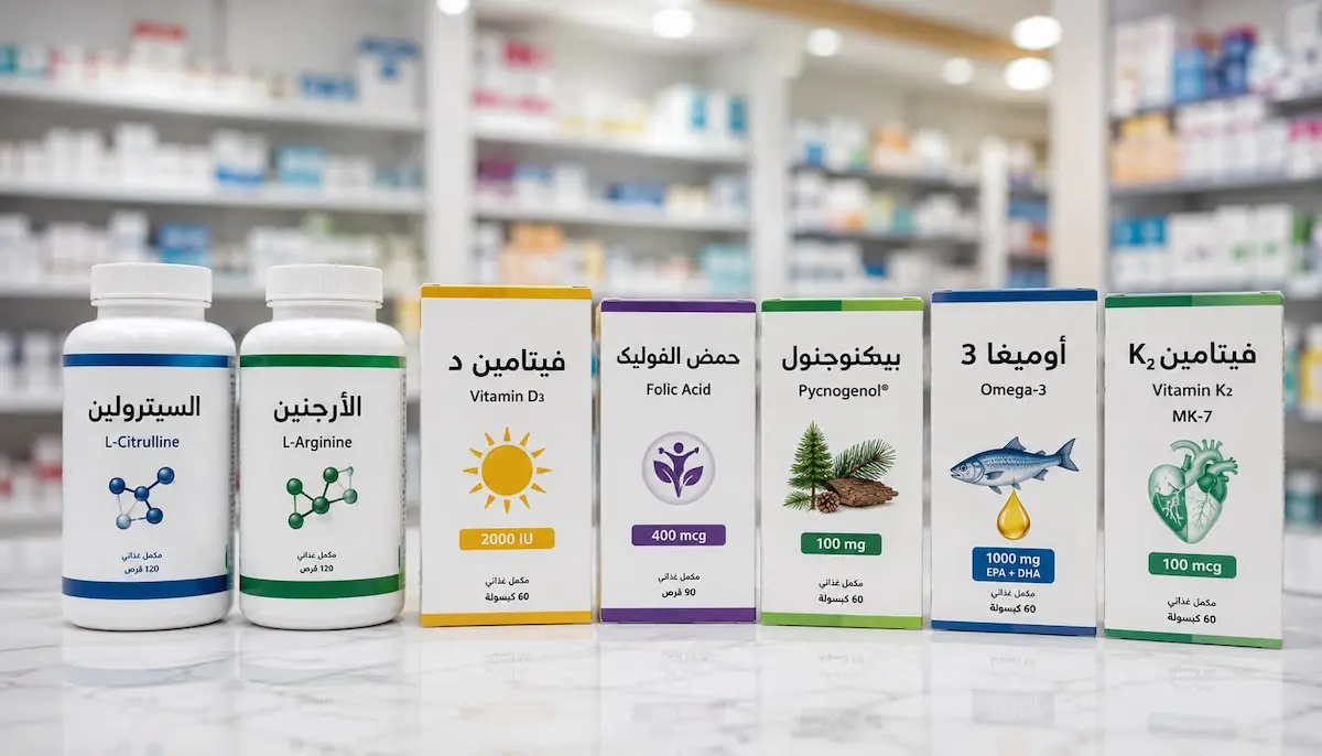 لقطة فوتوغرافية تظهر علب مكملات غذائية وأحماض أمينية لتقوية وتحسين وظيفة بطانة الأوعية الدموية وتعزيز الانتصاب الطبيعي للرجال.