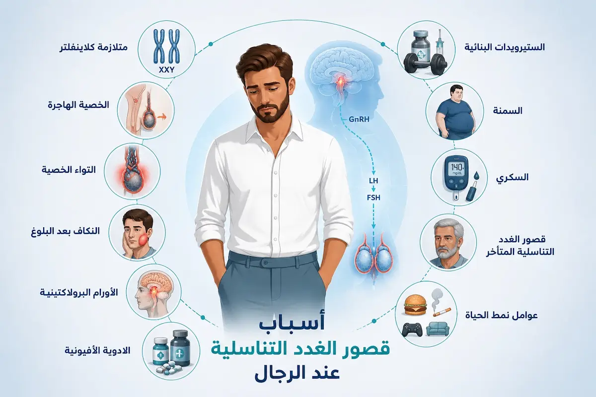 لقطة فوتوغرافية لشاب يبدو عليه الإحباط محاطاً بأيقونات طبية ترمز لأسباب قصور الغدد التناسلية وانخفاض هرمون التستوستيرون عند الرجال.