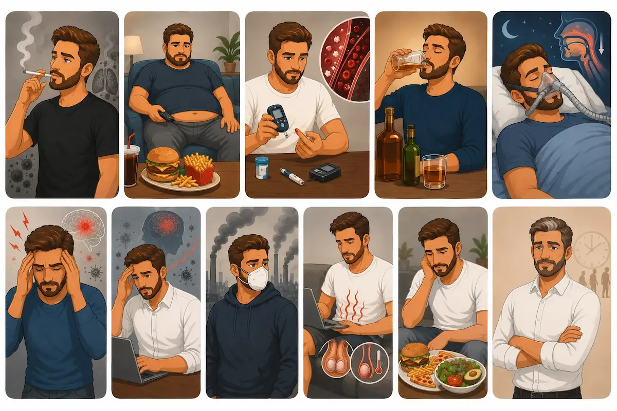 تصميم إنفوجرافيك مقسم إلى 10 أجزاء يظهر شاباً في وضعيات وعادات مختلفة تسبب الإجهاد التأكسدي وتؤثر على الانتصاب والتستوستيرون لدى الرجال.
