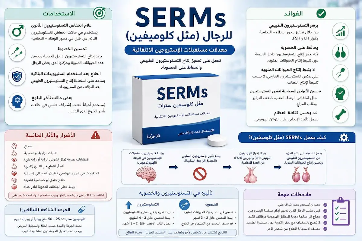 إنفوجرافيك طبي يوضح آلية عمل أدوية SERMs والكلوميفين في تحفيز التستوستيرون، زيادة الخصوبة، والأضرار الجانبية المحتملة للرجال.