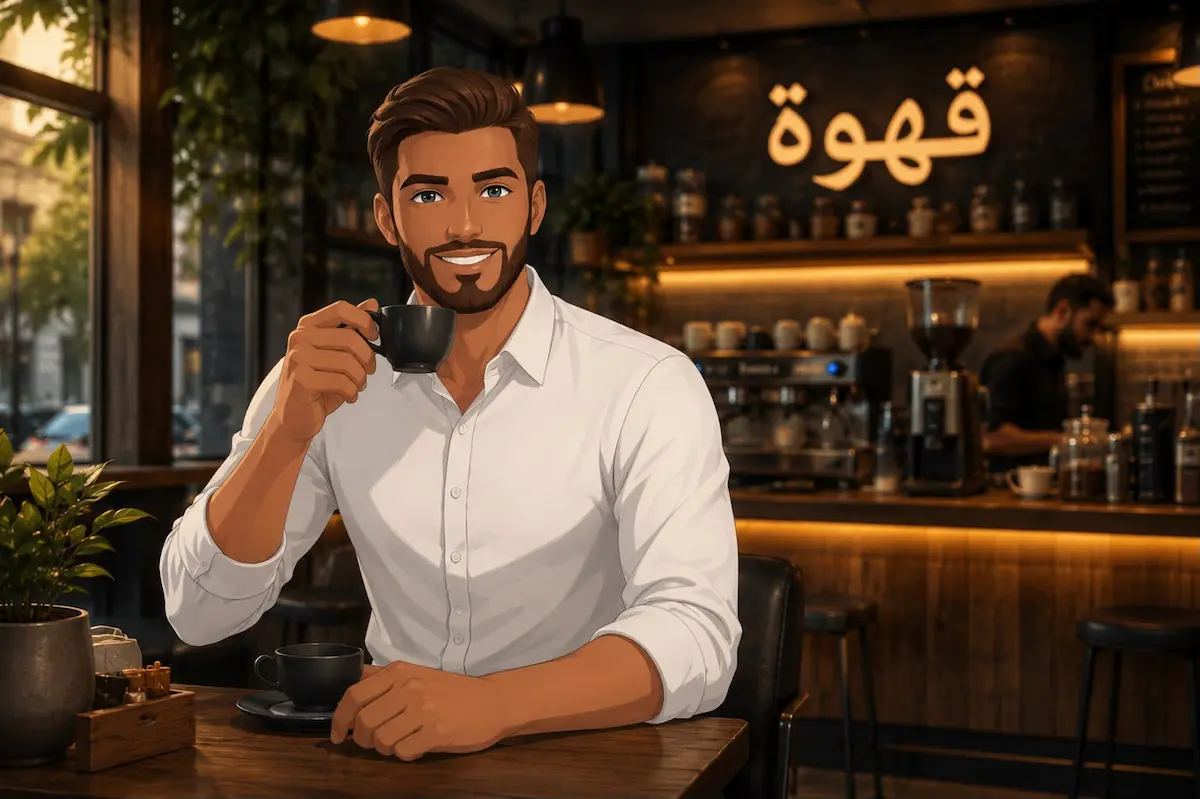 لقطة فوتوغرافية تظهر شاباً صحياً يشرب كوباً من القهوة الصباحية السوداء لمناقشة تأثير الكافيين على الانتصاب ومستويات التستوستيرون للرجال.