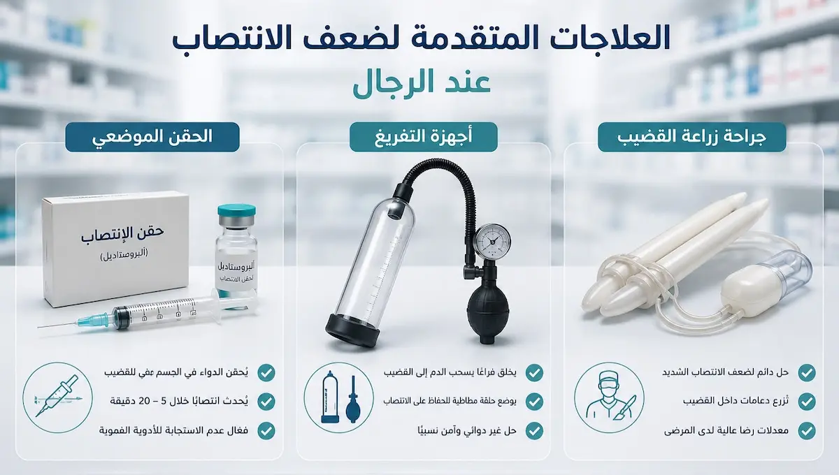 مقارنة العلاجات المتقدمة لضعف الانتصاب - أطلس الرجل الصحي. إنفوجرافيك طبي يوضح الشرح والمقارنة بين الحقن الموضعي، أجهزة التفريغ، وجراحة زراعة الدعامات لعلاج ضعف الانتصاب.