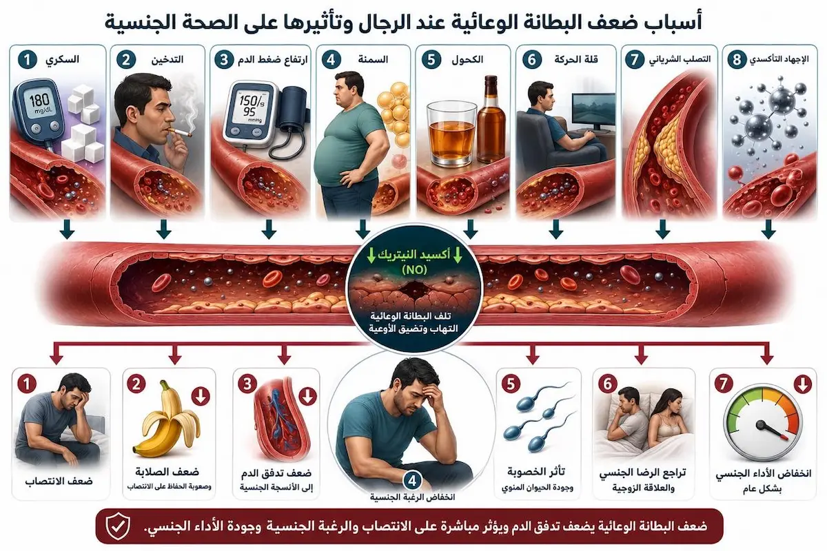 إنفوجرافيك طبي يفصل أثر السكري، التدخين، الضغط، الكوليسترول، والخمول البدني في تدمير بطانة الأوعية الدموية ومنع إفراز غاز الانتصاب للرجال.