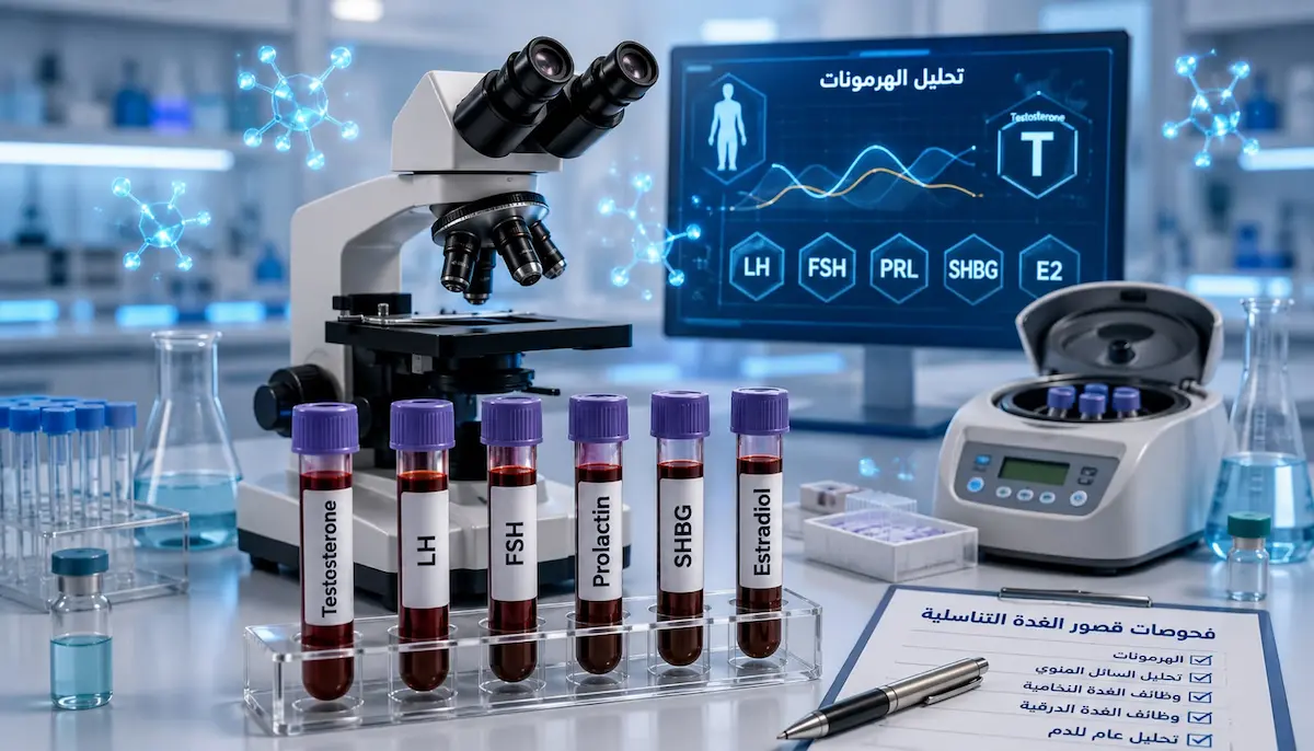 لقطة فوتوغرافية لمجهر طبي وأنابيب اختبار دم محاطة بأسماء تحاليل الهرمونات لتشخيص قصور الغدد التناسلية عند الرجال.