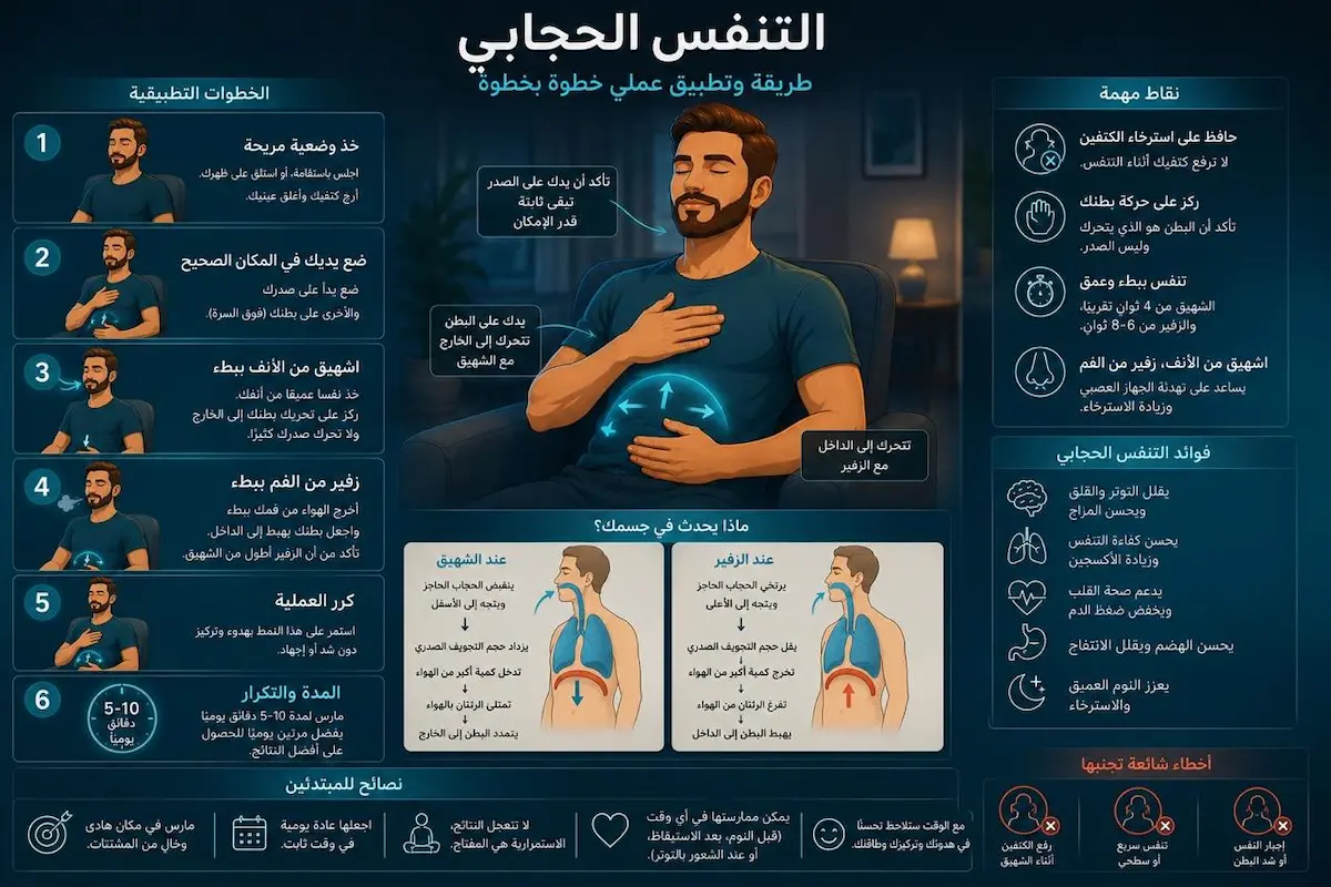إنفوجرافيك طبي بصري يوضح الشرح والخطوات الصحيحة لممارسة التنفس الحجابي وتأثيرها الفسيولوجي على الاستجابة الجنسية.