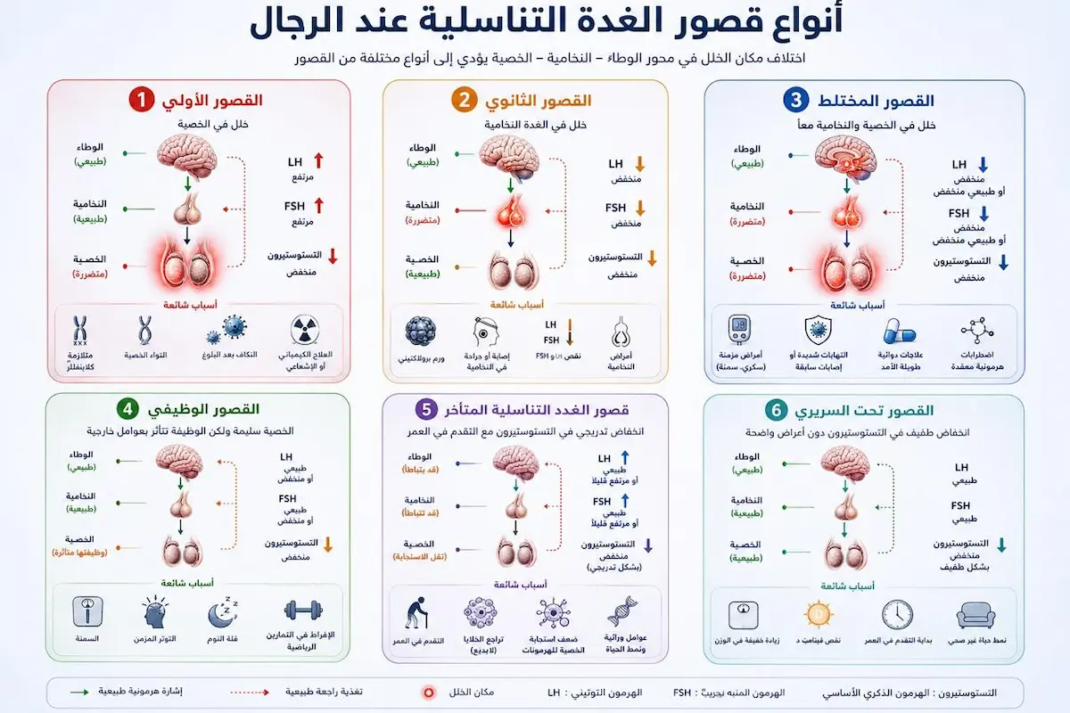 إنفوجرافيك طبي يوضح الفروق بين القصور الأولي والثانوي والمركب من حيث مكان الخلل، نتائج التحاليل، وطريقة العلاج.
