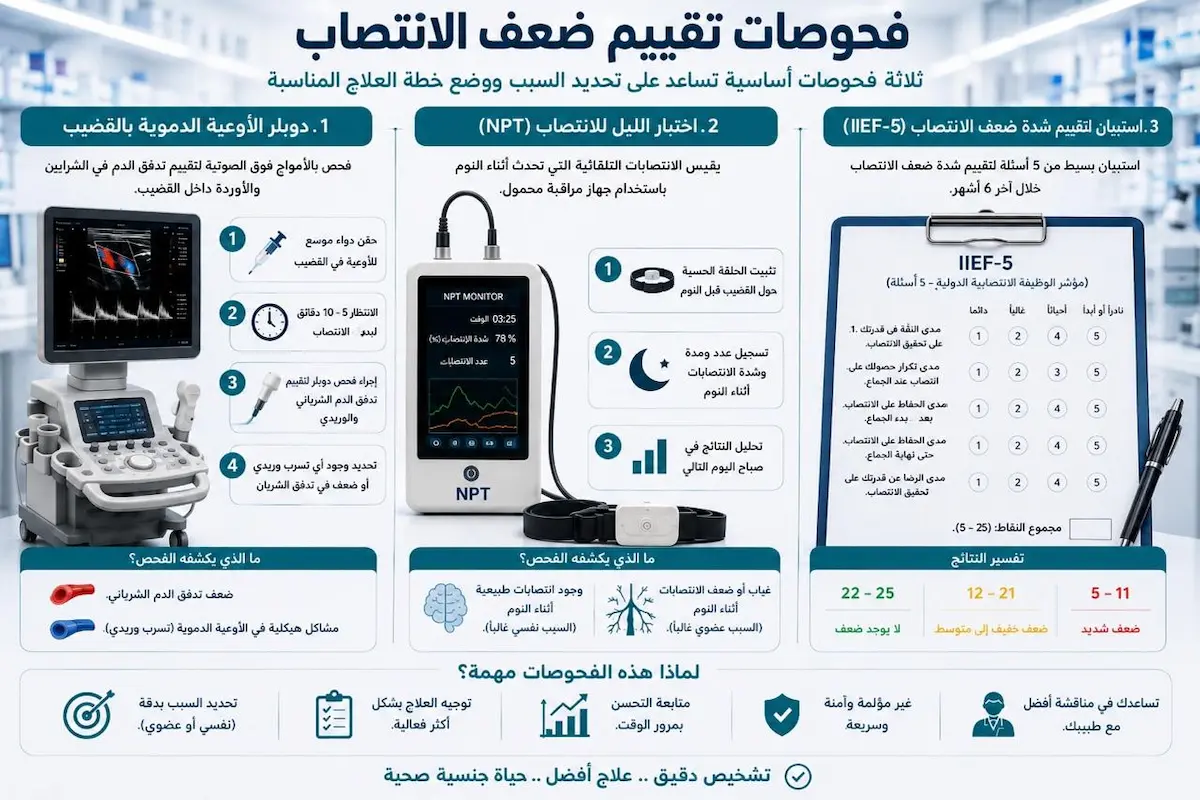 الفحوصات والخطوات التشخيصية لضعف الانتصاب - أطلس الرجل الصحي. إنفوجرافيك طبي يوضح شرح خطوات تشخيص ضعف الانتصاب بما في ذلك IIEF-5 وفحص NPT والدوبلر وفحوصات الدم.
