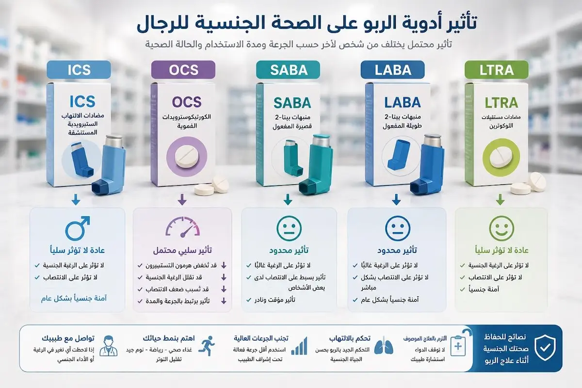 إنفوجرافيك طبي يفصل تأثير بخاخات الربو الموسعة والكورتيزون المستنشق والحبوب الفموية على التستوستيرون والانتصاب للرجال.