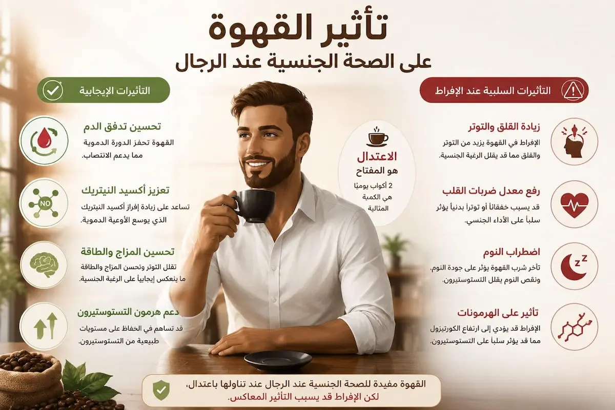 تأثير الكافيين على هرمونات وكفاءة الرجل - أطلس الرجل الصحي. إنفوجرافيك طبي يوضح تأثير القهوة والكافيين المعتدل والمفرط على مرونة الشرايين، هرمون التستوستيرون، والرغبة الجنسية للرجال.