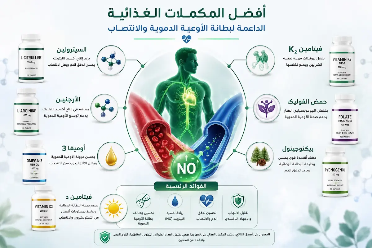 إنفوجرافيك طبي يوضح دور مكملات ال إل-سيترولين، البكتوجينول، مستخلص الشمندر، وحمض الفوليك في ترميم بطانة الأوعية وتحفيز أكسيد النيتريك للرجال.