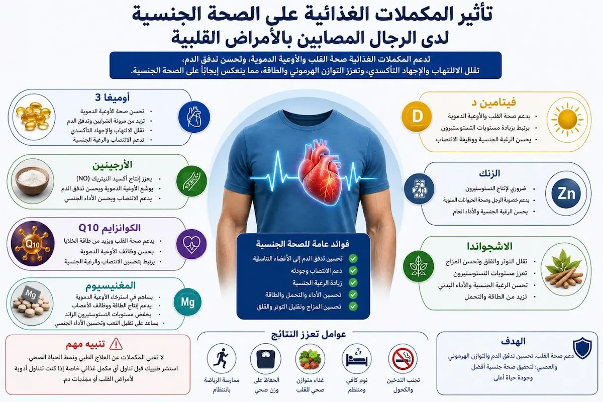 إنفوجرافيك طبي يفصل تأثير مكملات CoQ10، أوميغا 3، والسيترولين على تحسين ضخ الدم ورفع كفاءة الانتصاب للرجال المصابين بأمراض القلب.