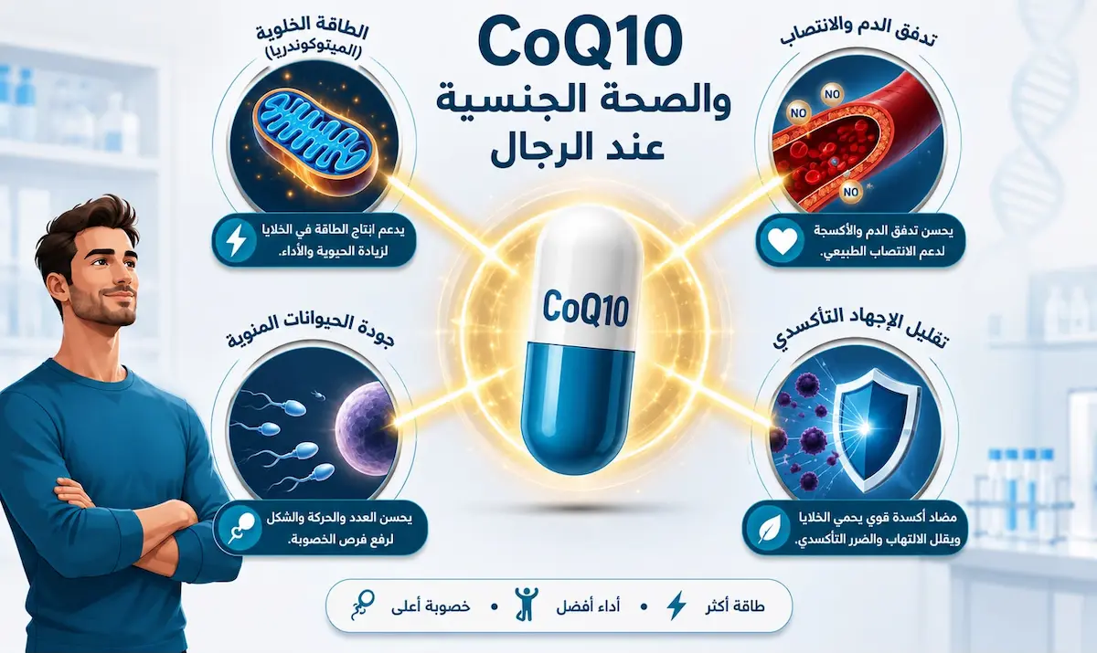 إنفوجرافيك طبي يفصل أثر مكمل CoQ10 في تحفيز غاز الانتصاب، خفض تشوهات النطاف، وضخ الطاقة الحركية للحيوانات المنوية للرجال.