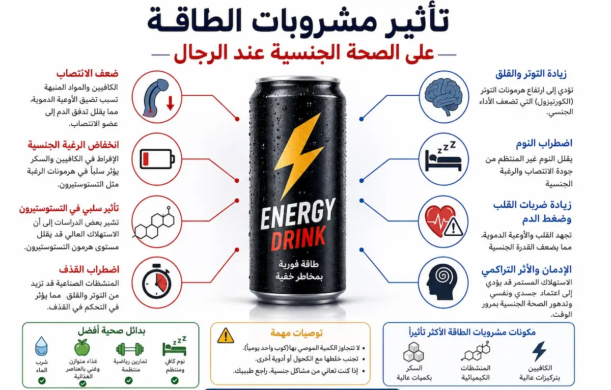 تأثير مشروبات الطاقة على هرمونات وكفاءة الرجل - أطلس الرجل الصحي. إنفوجرافيك طبي يفصل أضرار مشروبات الطاقة والسكريات المفرطة على هبوط التستوستيرون، انقباض الشرايين، وضعف الانتصاب عند الرجال.