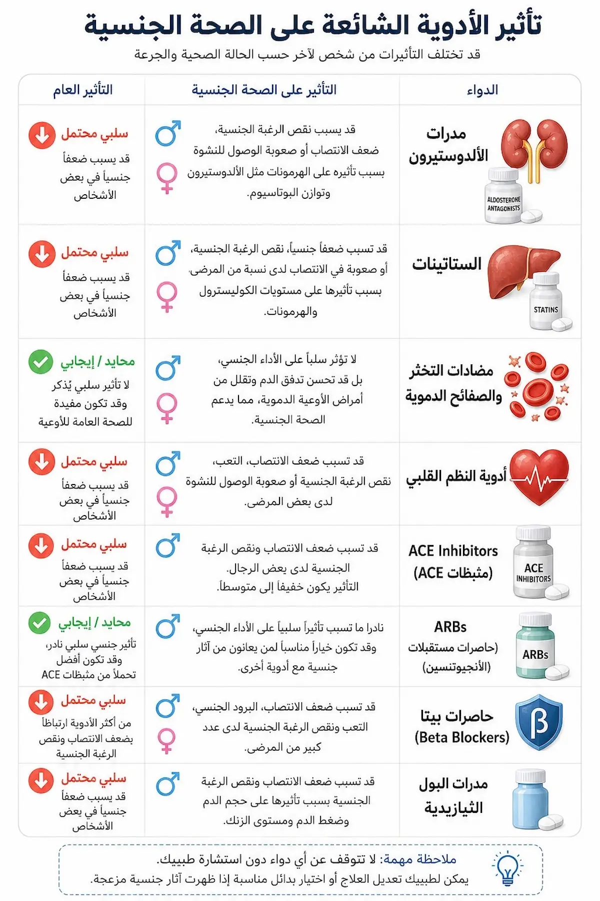 إنفوجرافيك طبي يفصل تأثير حاصرات بيتا، مدرات البول، ومثبطات الكوليسترول على مستويات التستوستيرون والانتصاب عند الرجال.