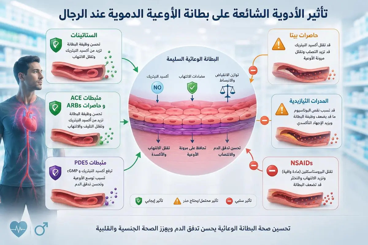 تأثير الأدوية على البطانة الوعائية والذكورة - أطلس الرجل الصحي. إنفوجرافيك طبي يفصل تأثير أدوية الضغط، الستاتينات، ومنشطات PDE5 على ترميم بطانة الأوعية الدموية والانتصاب للرجال.