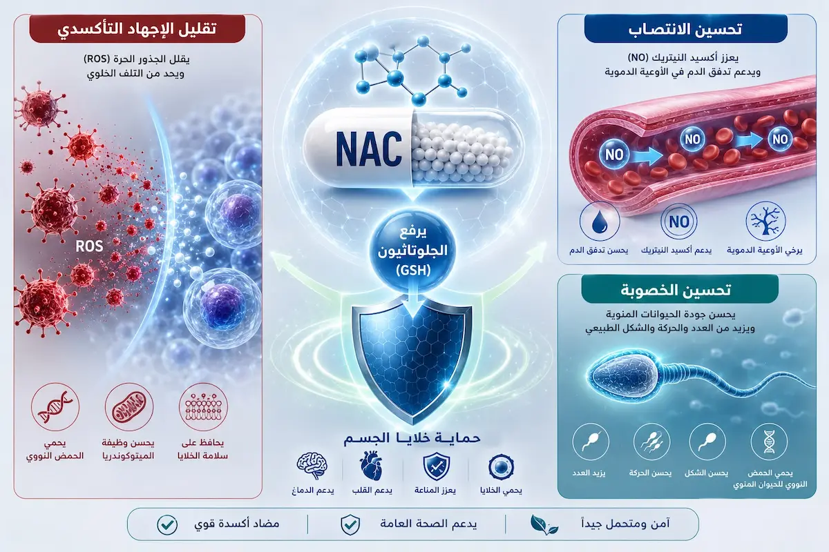 إنفوجرافيك طبي يفصل أثر مكمل NAC والـ Glutathione على حماية الحيوانات المنوية، مرونة الشرايين، وخفض الأكسدة الخلوية للرجال.