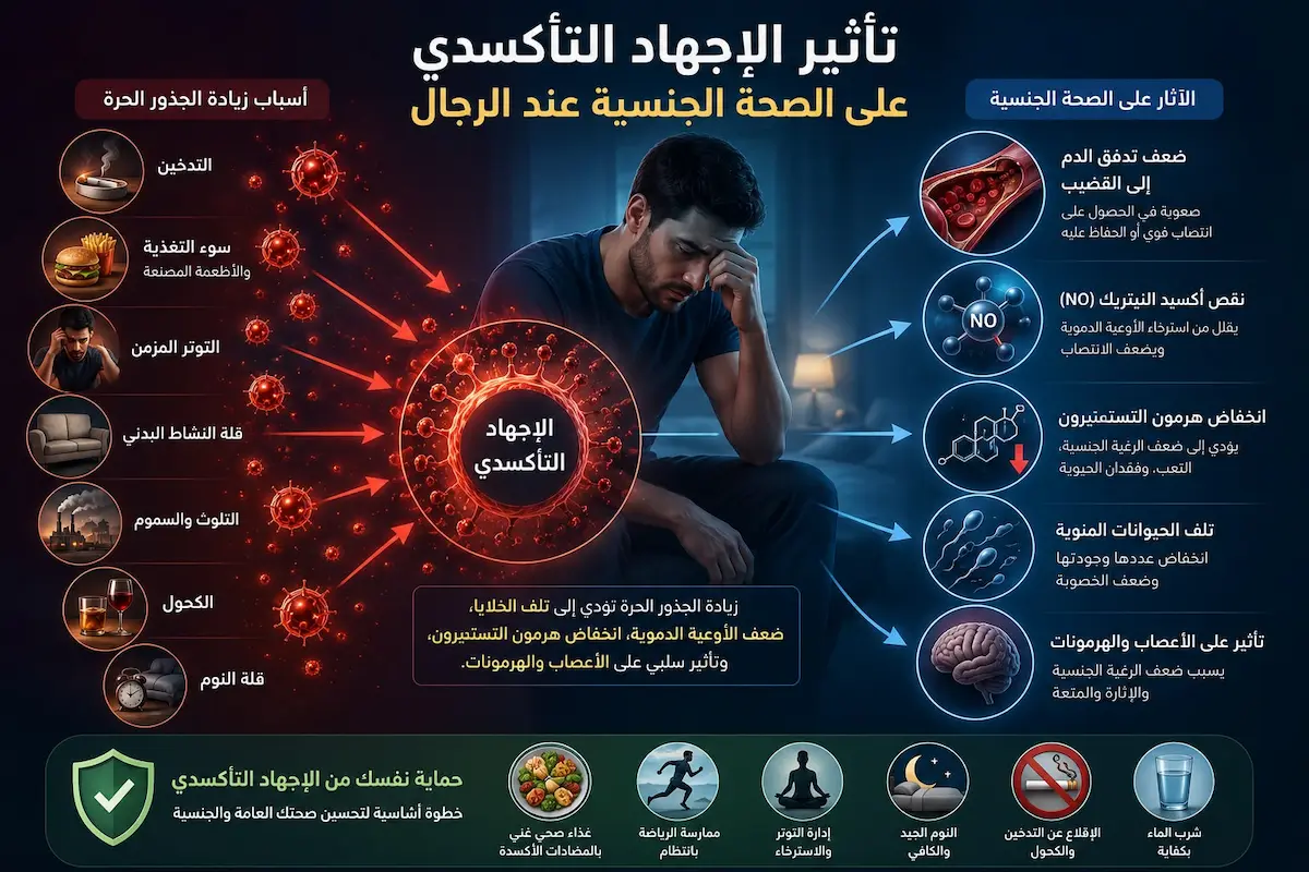 إنفوجرافيك طبي يفصل أثر الإجهاد التأكسدي على تدمير أكسيد النيتريك، شيخوخة خلايا الخصية، وتشوّه الحيوانات المنوية عند الرجال.
