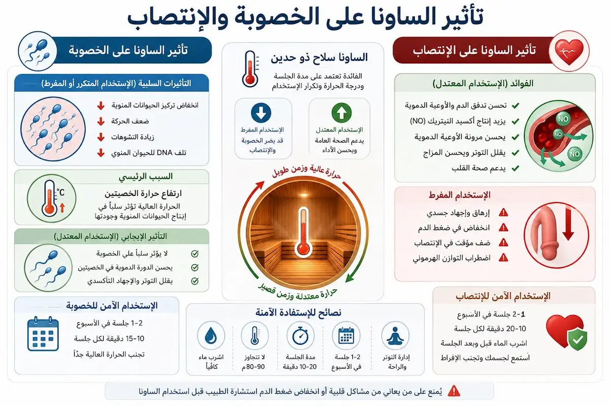 إنفوجرافيك طبي يقارن بين فوائد الساونا في تحسين الانتصاب وتوسيع الشرايين وأضرار الحرارة العالية على الخصوبة وحيوية الحيوانات المنوية.