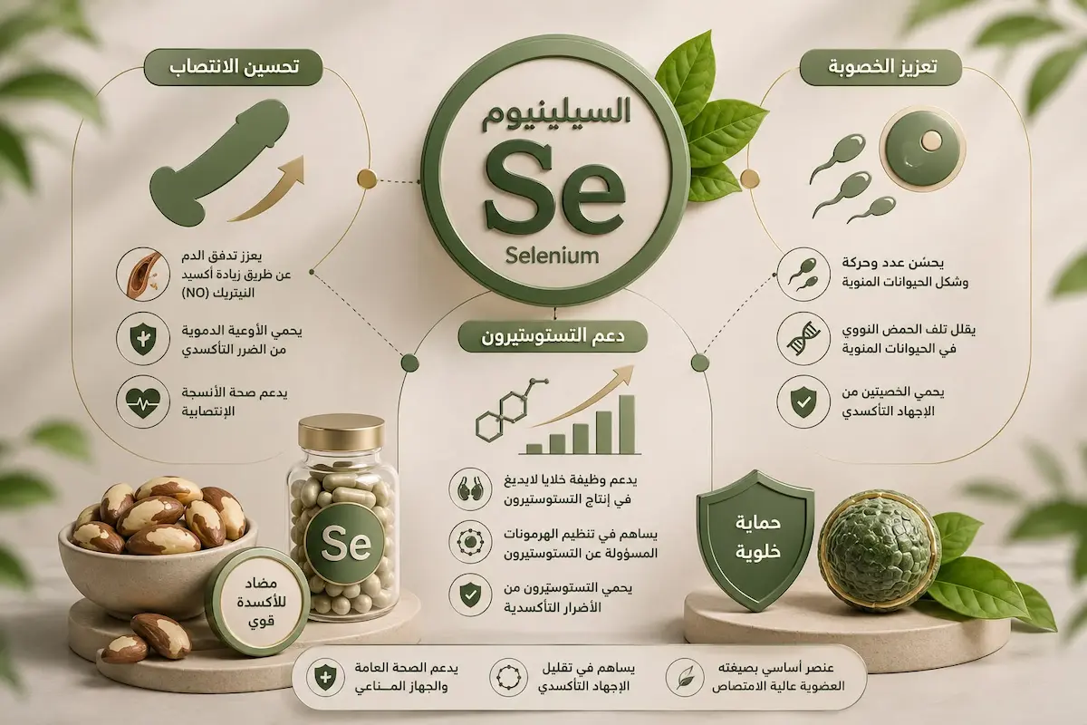 إنفوجرافيك طبي يوضح تأثير معدن السيلينيوم في خفض تشوهات الحيوانات المنوية، دعم إنتاج التستوستيرون، وحماية مرونة الشرايين للرجال.